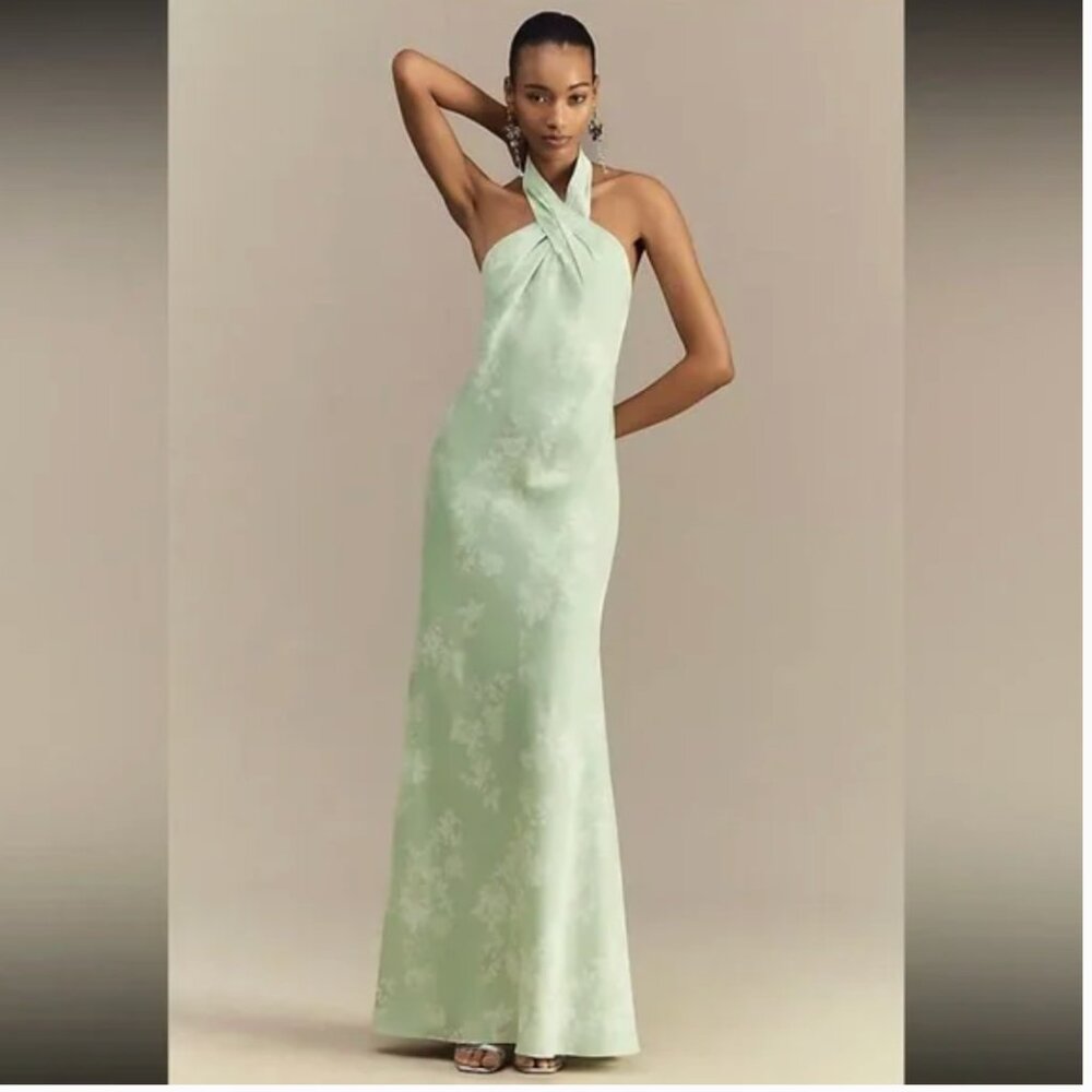 BHLDN Ruby Twist Halter Satin Gown Size 8 Floral Maxi Dress Anthropologie